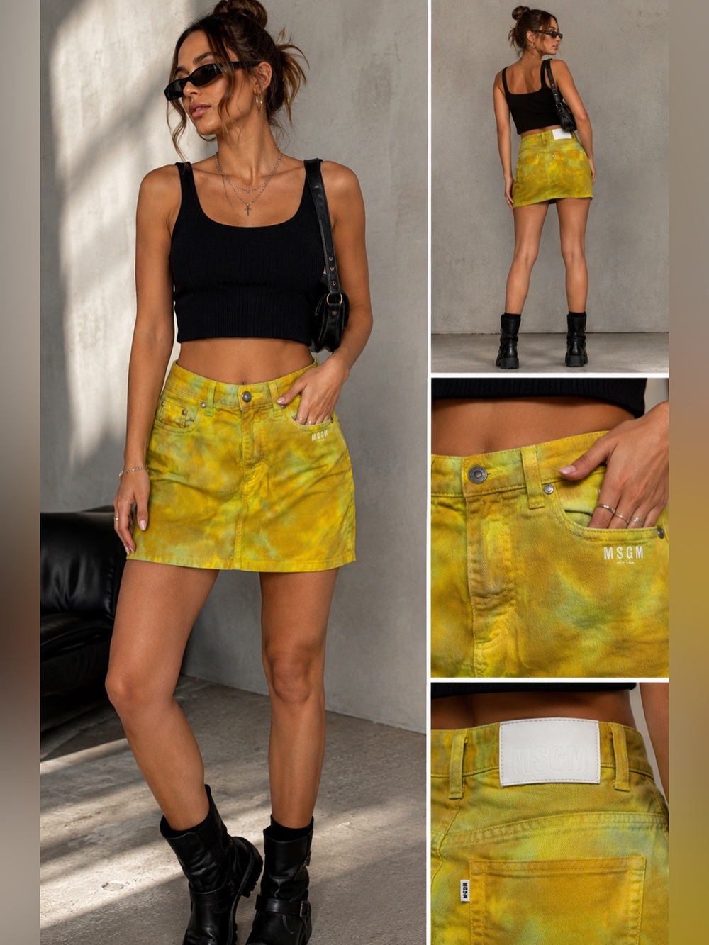 MSGM Milano Tie Dye Denim Mini Skirt Yellow Green Made in Italy Designer Sz 40